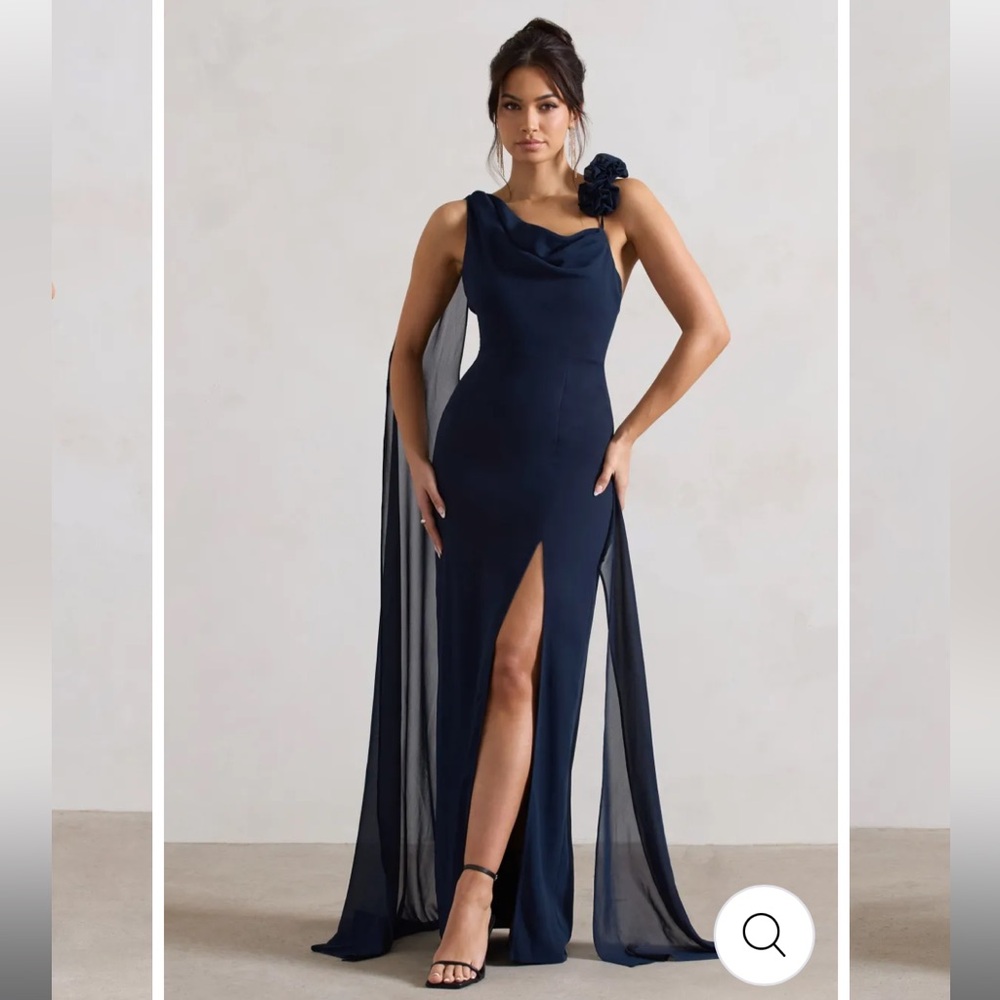 Club L London Blue One-Shoulder Slit Gown